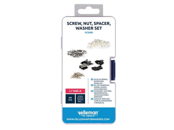 Screws, nuts, spacers and washers set including storage box