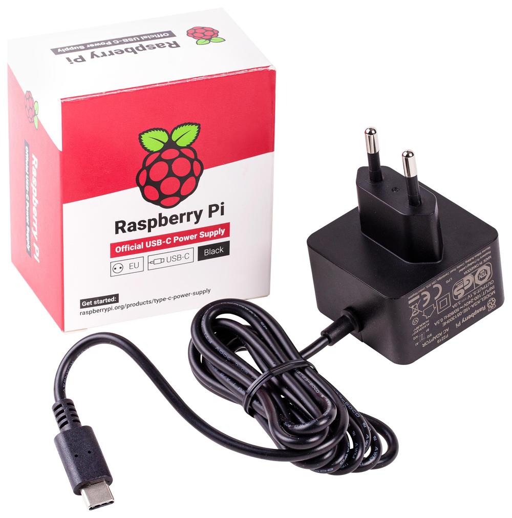 Raspberry Pi 4 strömförsörjning - USB-C, 5.1V, 3A - EU-kontakt - Svart