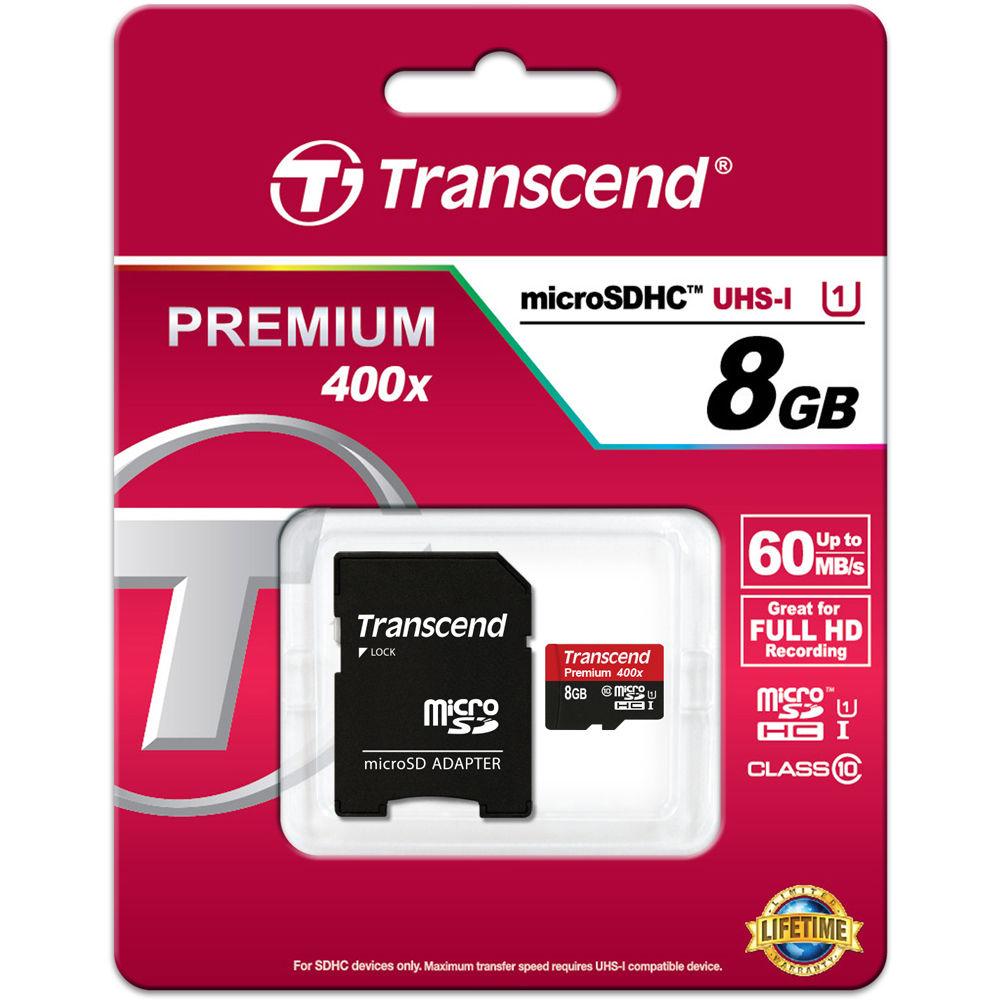 Transcend 8GB microSD Premium 400x Class 10 UHS-I + Adapter - 60MB/s